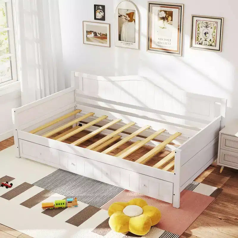 MAYEERTY Twin Size Day Bed Frame with Trundle, Integrated Headboard Armrests Space-Saving Wood Bed