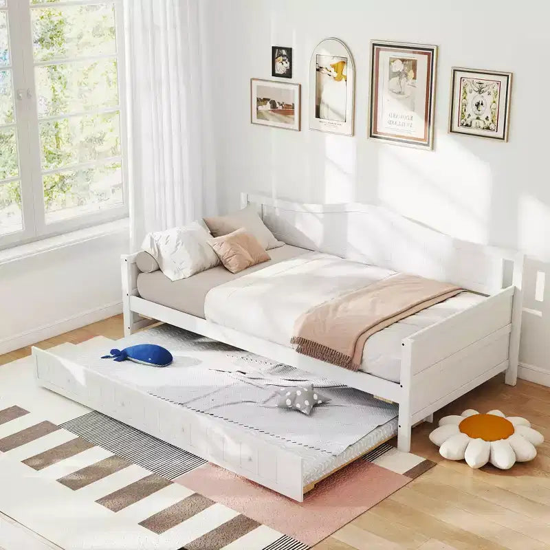Cadre de lit de repos MAYEERTY simple avec lit gigogne, tête de lit intégrée, accoudoirs, lit en bois peu encombrant