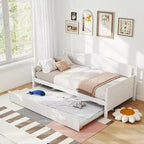Cadre de lit de repos MAYEERTY simple avec lit gigogne, tête de lit intégrée, accoudoirs, lit en bois peu encombrant
