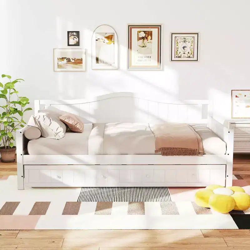 Cadre de lit de repos MAYEERTY simple avec lit gigogne, tête de lit intégrée, accoudoirs, lit en bois peu encombrant