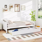 Cadre de lit de repos MAYEERTY simple avec lit gigogne, tête de lit intégrée, accoudoirs, lit en bois peu encombrant