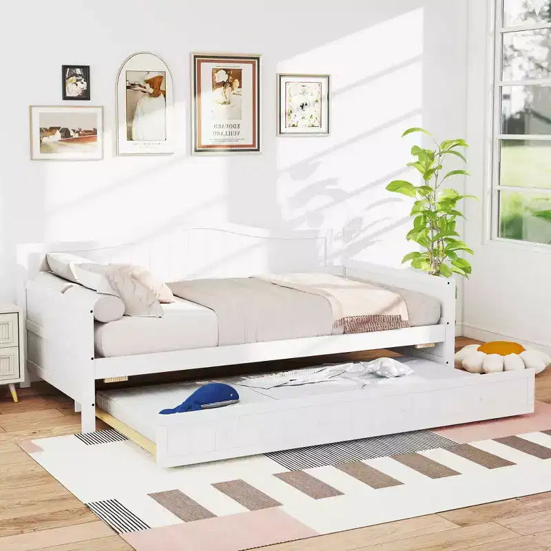 Cadre de lit de repos MAYEERTY simple avec lit gigogne, tête de lit intégrée, accoudoirs, lit en bois peu encombrant