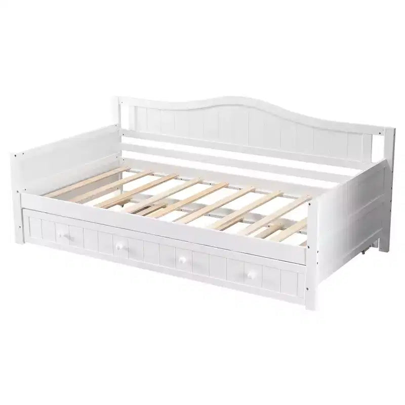 Cadre de lit de repos MAYEERTY simple avec lit gigogne, tête de lit intégrée, accoudoirs, lit en bois peu encombrant