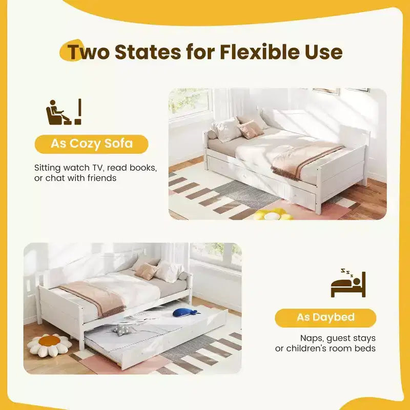 Cadre de lit de repos MAYEERTY simple avec lit gigogne, tête de lit intégrée, accoudoirs, lit en bois peu encombrant