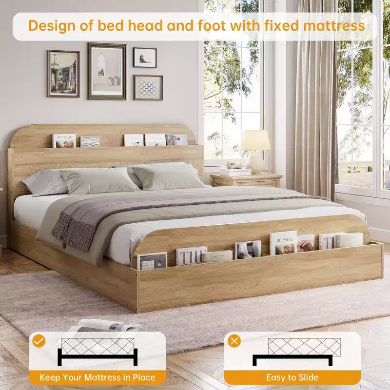 Cadre de lit Acekool avec tête de lit de rangement et pied de lit surélevé, lit plateforme bas en bois pour chambre à coucher