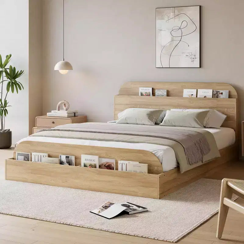 Cadre de lit Acekool avec tête de lit de rangement et pied de lit surélevé, lit plateforme bas en bois pour chambre à coucher