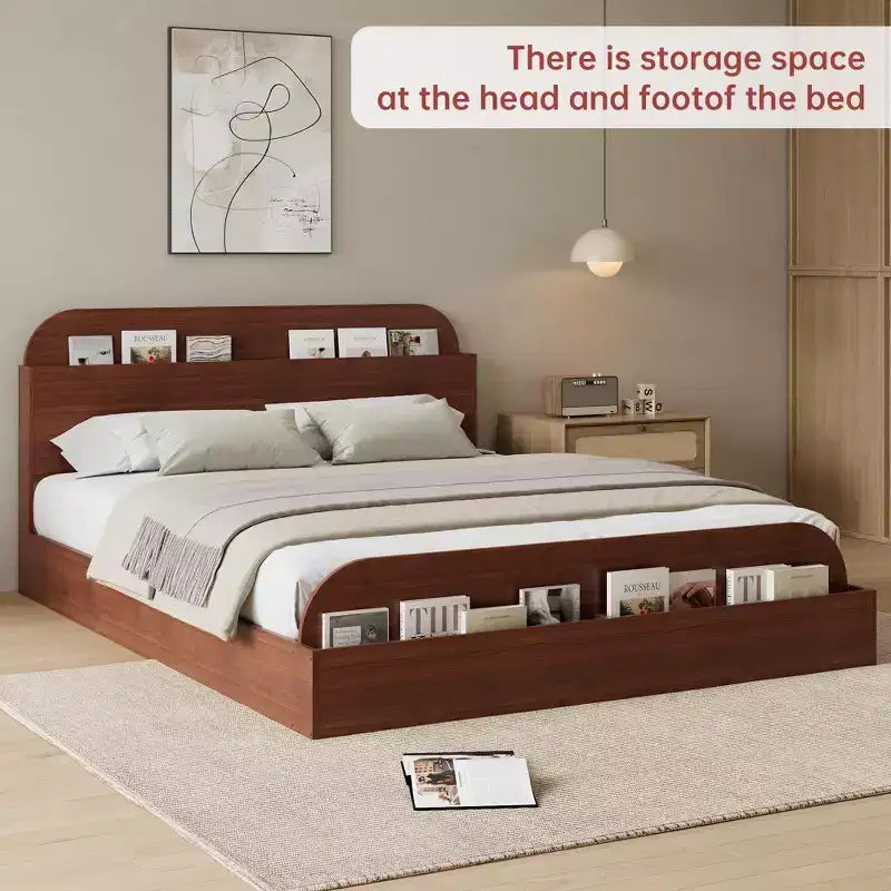 Cadre de lit Acekool avec tête de lit de rangement et pied de lit surélevé, lit plateforme bas en bois pour chambre à coucher