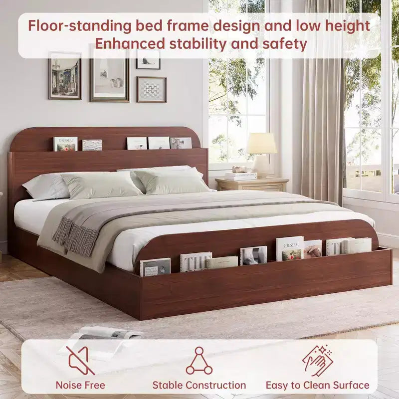 Cadre de lit Acekool avec tête de lit de rangement et pied de lit surélevé, lit plateforme bas en bois pour chambre à coucher