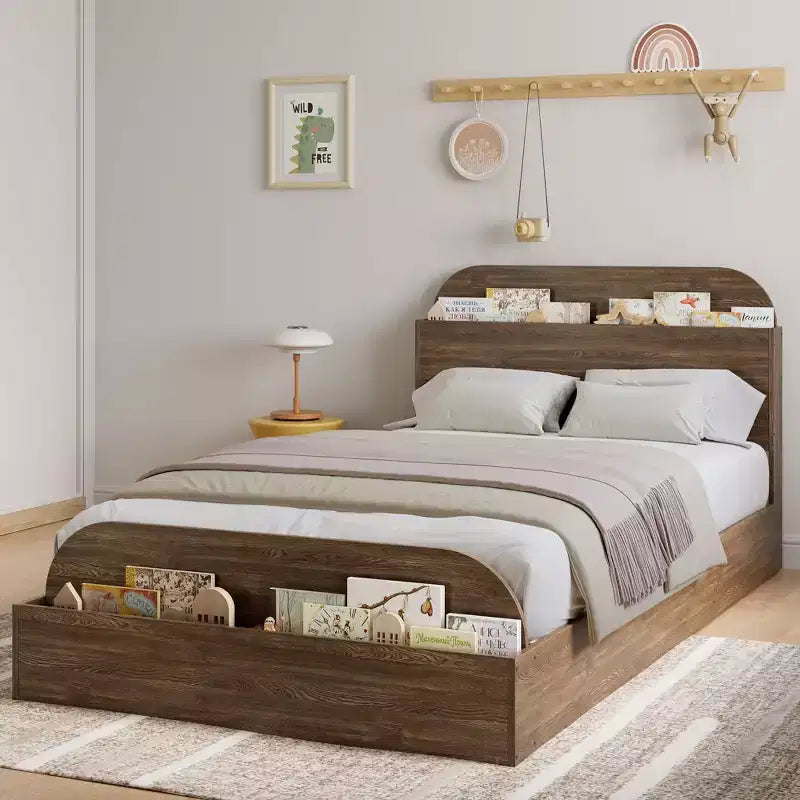 Cadre de lit Acekool avec tête de lit de rangement et pied de lit surélevé, lit plateforme bas en bois pour chambre à coucher