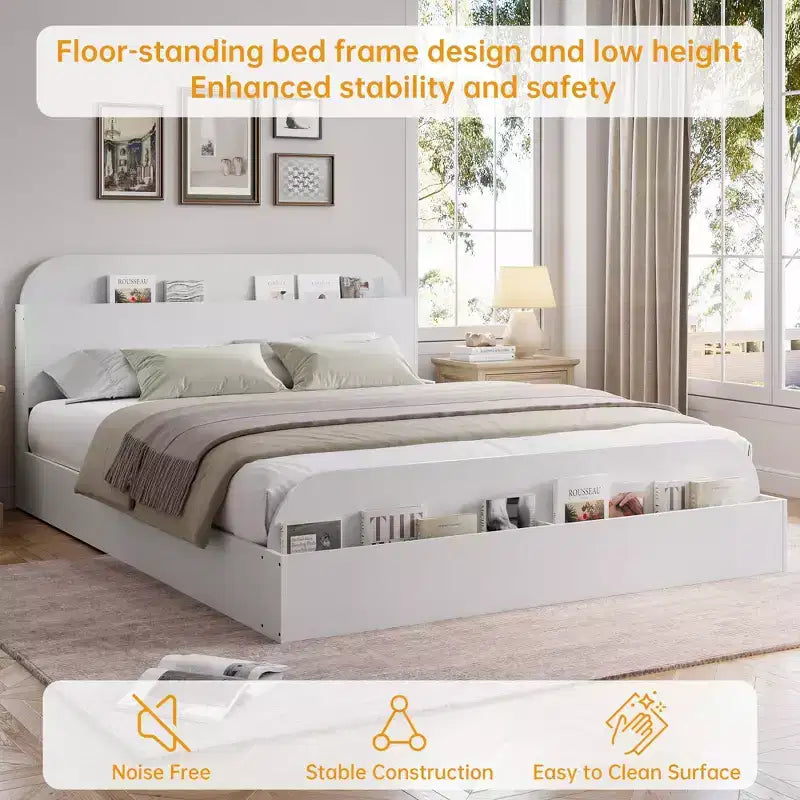 Cadre de lit Acekool avec tête de lit de rangement et pied de lit surélevé, lit plateforme bas en bois pour chambre à coucher