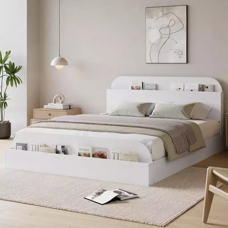 Cadre de lit Acekool avec tête de lit de rangement et pied de lit surélevé, lit plateforme bas en bois pour chambre à coucher
