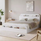 Cadre de lit Acekool avec tête de lit de rangement et pied de lit surélevé, lit plateforme bas en bois pour chambre à coucher