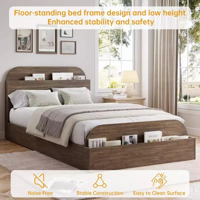 Cadre de lit Acekool avec tête de lit de rangement et pied de lit surélevé, lit plateforme bas en bois pour chambre à coucher
