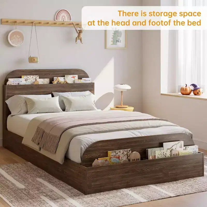 Cadre de lit Acekool avec tête de lit de rangement et pied de lit surélevé, lit plateforme bas en bois pour chambre à coucher