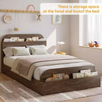 Cadre de lit Acekool avec tête de lit de rangement et pied de lit surélevé, lit plateforme bas en bois pour chambre à coucher