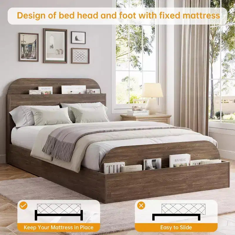 Cadre de lit Acekool avec tête de lit de rangement et pied de lit surélevé, lit plateforme bas en bois pour chambre à coucher