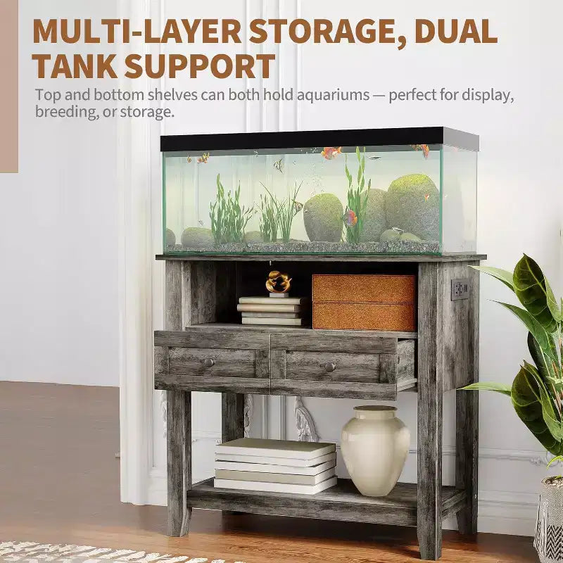 Support d'aquarium de 75-110 litres, support de bac à poissons lourd de 300 kg avec tiroir et espace de rangement ouvert pour les bacs à reptiles et tortues