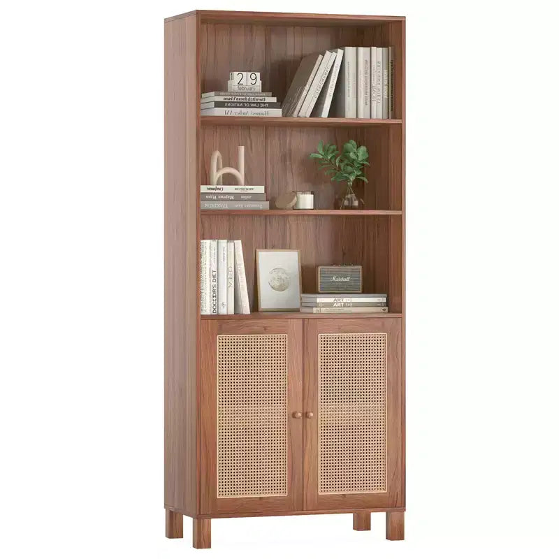 MAYEERTY Grande bibliothèque à 5 niveaux avec portes en rotin, étagères de rangement en bois pour bibliothèque, salon, chambre, bureau à domicile