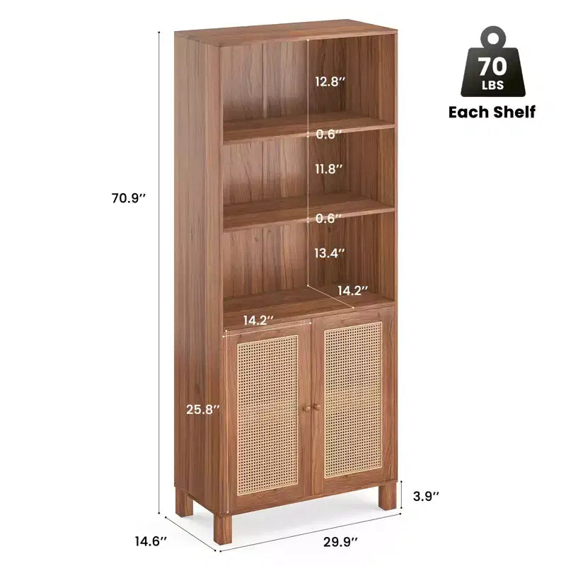MAYEERTY Grande bibliothèque à 5 niveaux avec portes en rotin, étagères de rangement en bois pour bibliothèque, salon, chambre, bureau à domicile
