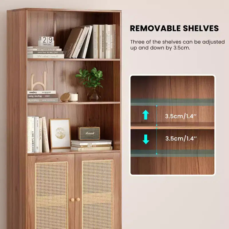 MAYEERTY Grande bibliothèque à 5 niveaux avec portes en rotin, étagères de rangement en bois pour bibliothèque, salon, chambre, bureau à domicile