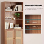 MAYEERTY Grande bibliothèque à 5 niveaux avec portes en rotin, étagères de rangement en bois pour bibliothèque, salon, chambre, bureau à domicile