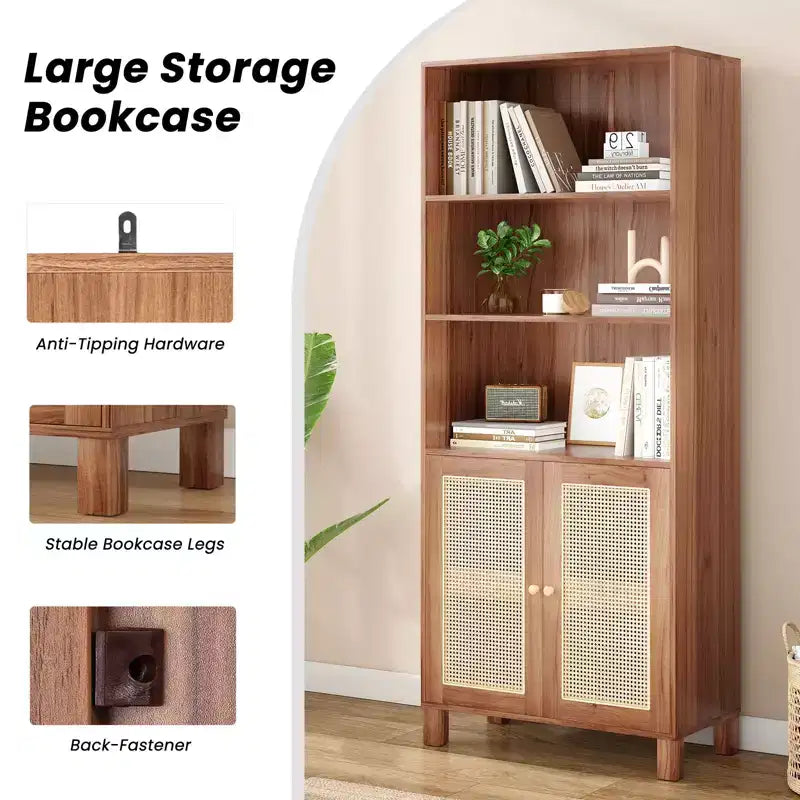 MAYEERTY Grande bibliothèque à 5 niveaux avec portes en rotin, étagères de rangement en bois pour bibliothèque, salon, chambre, bureau à domicile