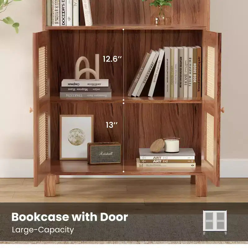 MAYEERTY Grande bibliothèque à 5 niveaux avec portes en rotin, étagères de rangement en bois pour bibliothèque, salon, chambre, bureau à domicile