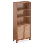 MAYEERTY Grande bibliothèque à 5 niveaux avec portes en rotin, étagères de rangement en bois pour bibliothèque, salon, chambre, bureau à domicile