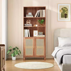 MAYEERTY Grande bibliothèque à 5 niveaux avec portes en rotin, étagères de rangement en bois pour bibliothèque, salon, chambre, bureau à domicile