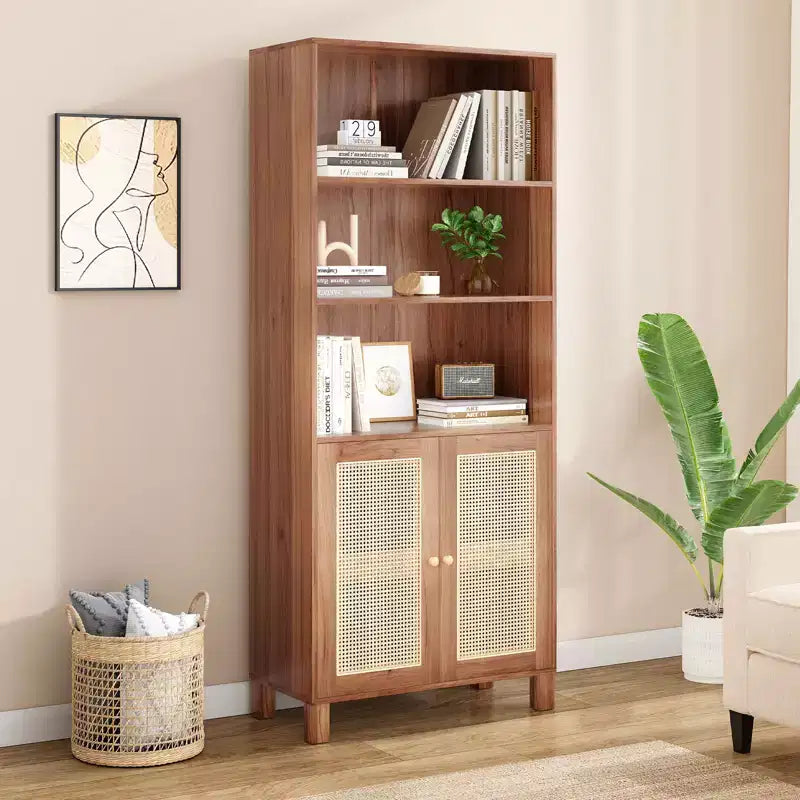 MAYEERTY Grande bibliothèque à 5 niveaux avec portes en rotin, étagères de rangement en bois pour bibliothèque, salon, chambre, bureau à domicile