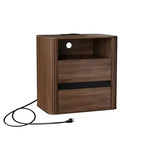 Table de chevet en noyer avec station de charge et 2 tiroirs, table d'appoint roulante pour chambre à coucher, table d'appoint moderne en bois aux bords arrondis, meuble de salon