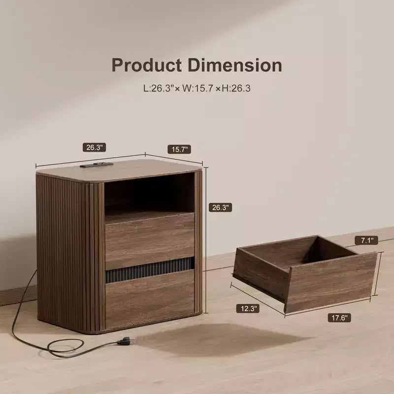 Table de chevet en noyer avec station de charge et 2 tiroirs, table d'appoint roulante pour chambre à coucher, table d'appoint moderne en bois aux bords arrondis, meuble de salon