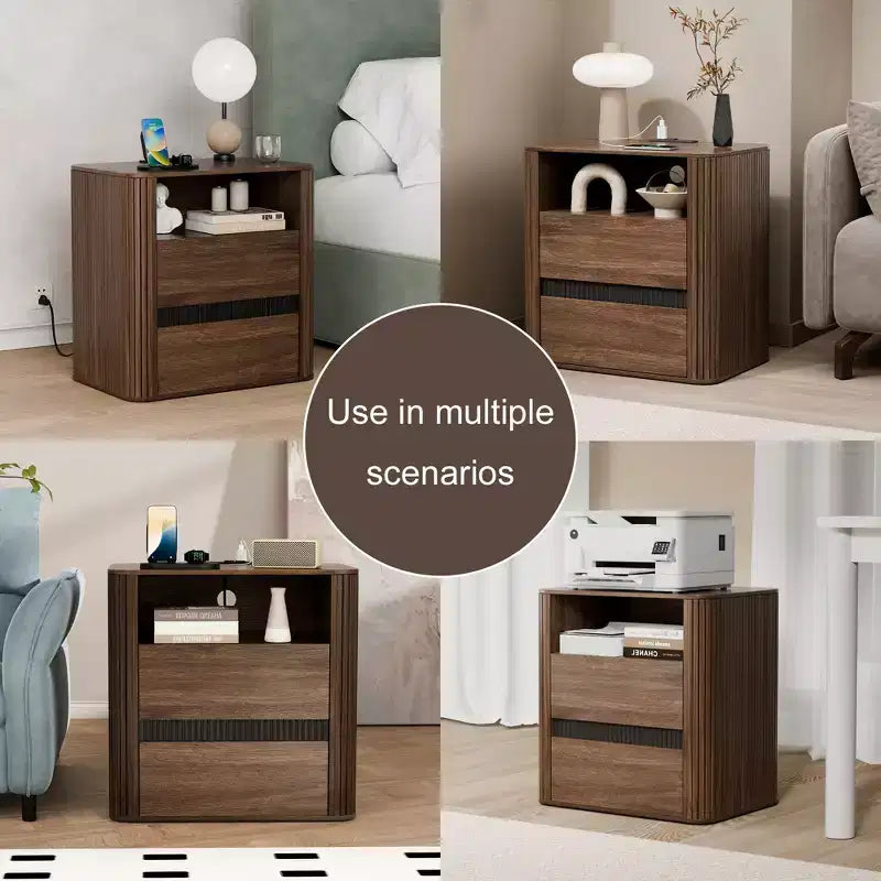 Table de chevet en noyer avec station de charge et 2 tiroirs, table d'appoint roulante pour chambre à coucher, table d'appoint moderne en bois aux bords arrondis, meuble de salon