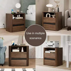 Table de chevet en noyer avec station de charge et 2 tiroirs, table d'appoint roulante pour chambre à coucher, table d'appoint moderne en bois aux bords arrondis, meuble de salon