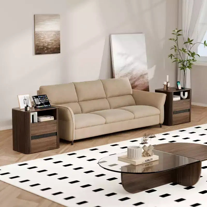 Table de chevet en noyer avec station de charge et 2 tiroirs, table d'appoint roulante pour chambre à coucher, table d'appoint moderne en bois aux bords arrondis, meuble de salon