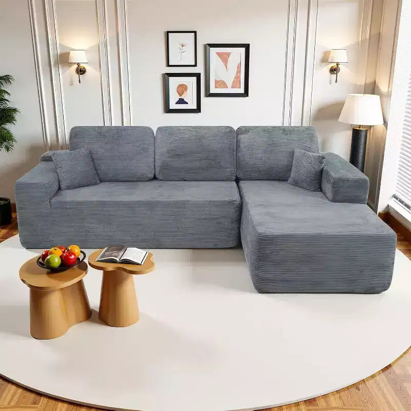 MooxvMoo 105 Modular Sectional Sofa with Throw Pillow&Deep Seat for Living Room,Comfy Corduroy L Shaped Couch with Chaise,No Assembly Required, Gray