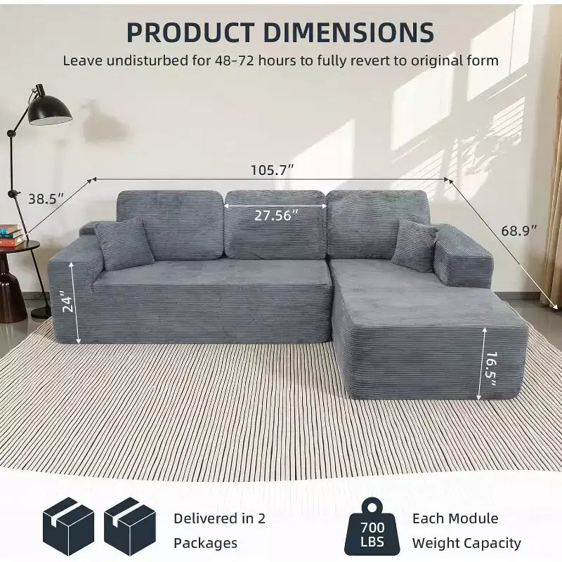 MooxvMoo 105 Canapé d'angle modulaire avec coussin décoratif et assise profonde pour salon, canapé en velours côtelé confortable en forme de L avec méridienne, aucun assemblage requis, gris