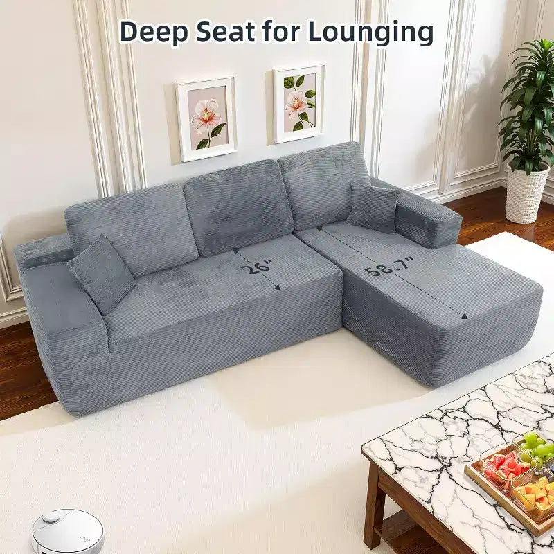 MooxvMoo 105 Canapé d'angle modulaire avec coussin décoratif et assise profonde pour salon, canapé en velours côtelé confortable en forme de L avec méridienne, aucun assemblage requis, gris