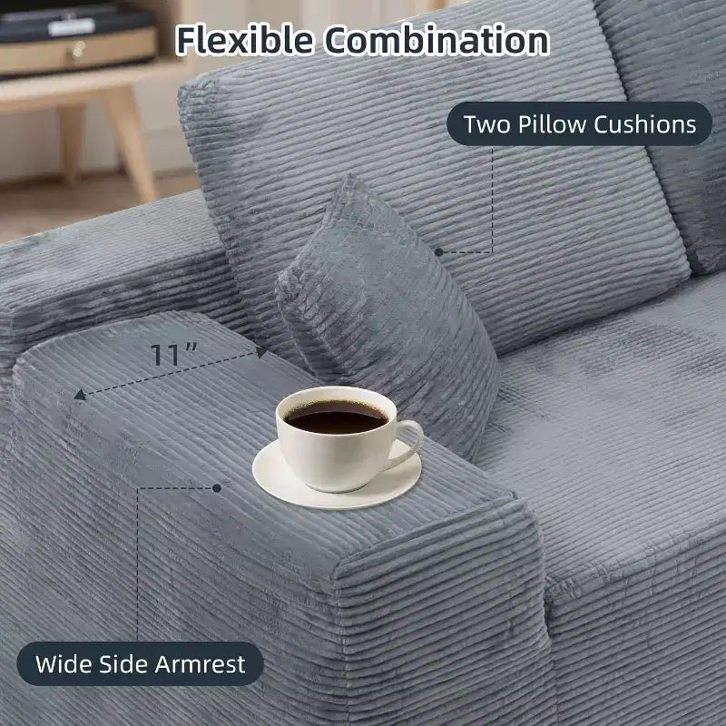 MooxvMoo 105 Canapé d'angle modulaire avec coussin décoratif et assise profonde pour salon, canapé en velours côtelé confortable en forme de L avec méridienne, aucun assemblage requis, gris