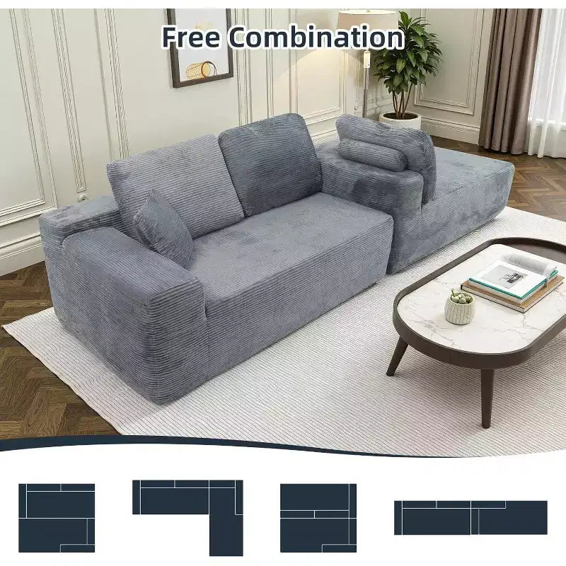 MooxvMoo 105 Canapé d'angle modulaire avec coussin décoratif et assise profonde pour salon, canapé en velours côtelé confortable en forme de L avec méridienne, aucun assemblage requis, gris