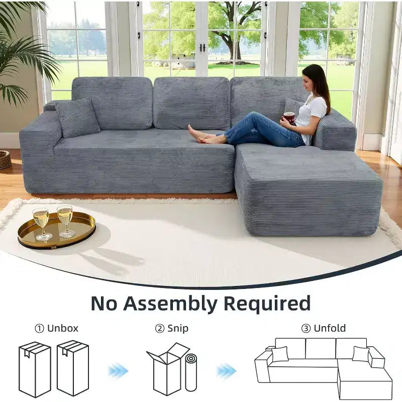 MooxvMoo 105 Canapé d'angle modulaire avec coussin décoratif et assise profonde pour salon, canapé en velours côtelé confortable en forme de L avec méridienne, aucun assemblage requis, gris