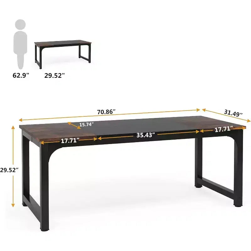 Bureau de Direction Lantine de 179,8 cm, Grand Bureau d'Ordinateur avec Cadre Épais, Poste de Travail Moderne pour Bureau à Domicile, Marron Rustique/Noir