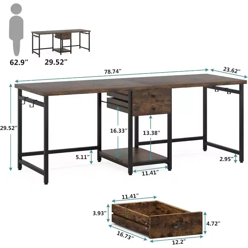 Bureau pour deux personnes Lantine de 79 pouces, bureau double avec 2 tiroirs et étagères de rangement, grand bureau d'ordinateur pour bureau à domicile, marron rustique