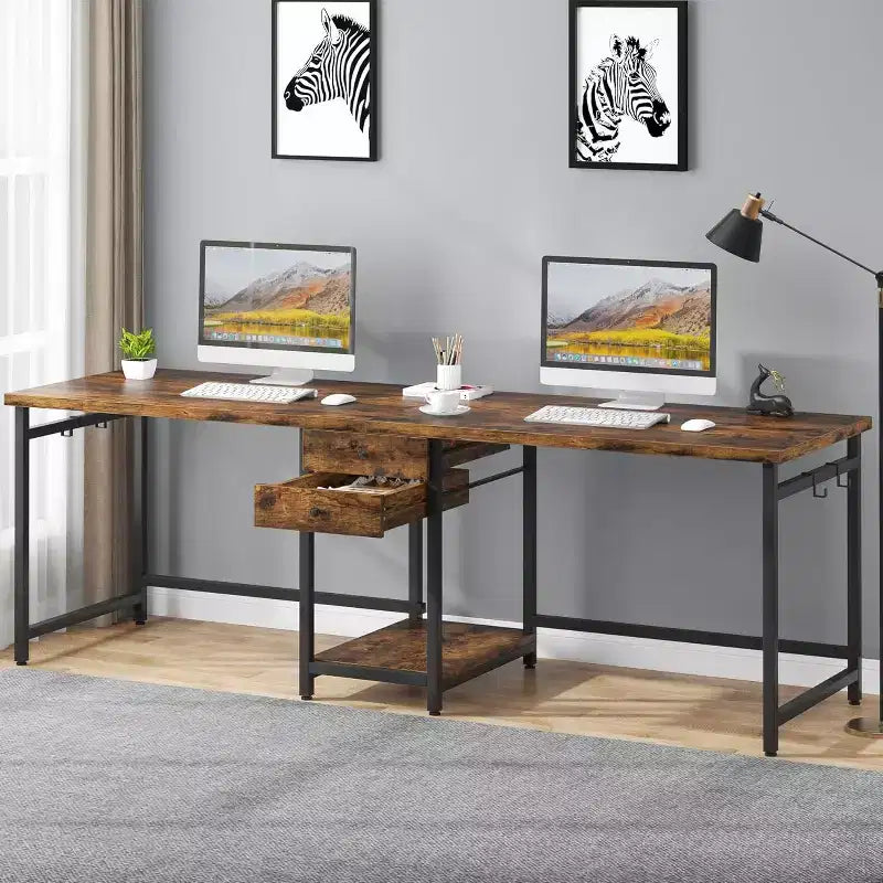 Bureau pour deux personnes Lantine de 79 pouces, bureau double avec 2 tiroirs et étagères de rangement, grand bureau d'ordinateur pour bureau à domicile, marron rustique