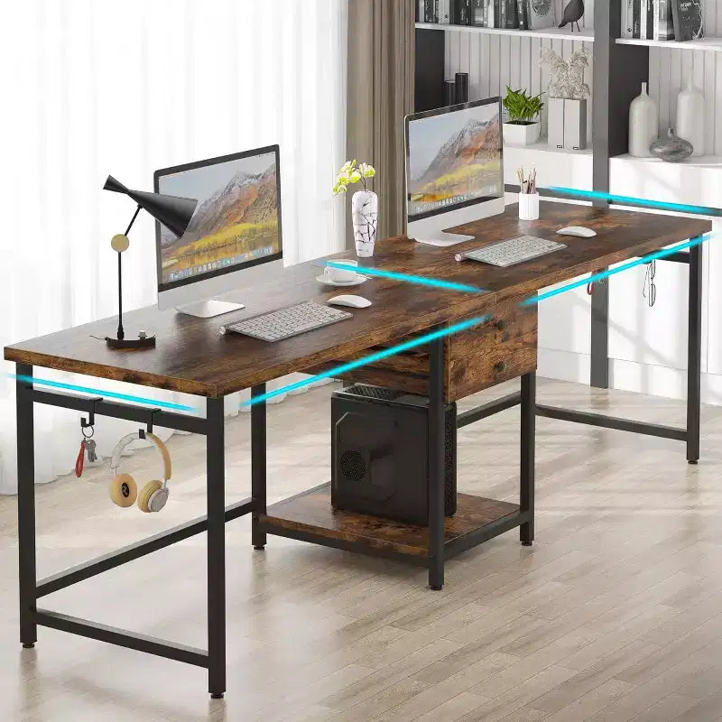 Bureau pour deux personnes Lantine de 79 pouces, bureau double avec 2 tiroirs et étagères de rangement, grand bureau d'ordinateur pour bureau à domicile, marron rustique