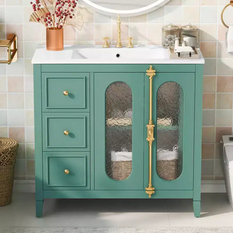 Meuble-lavabo de salle de bain avec vasque, meuble sous-vasque avec 2 portes à fermeture amortie et 3 tiroirs de rangement, meuble-lavabo en bois