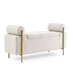 Banc de rangement capitonné élégant EHMKNP en lin avec accoudoirs cylindriques et pieds en fer