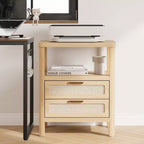 Ensemble de 2 tables de chevet en rotin de chêne clair avec 2 tiroirs, étagère ouverte et coins arrondis (entièrement assemblées)