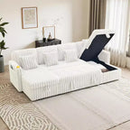 MooxvMoo 124 U-Shaped Sleeper Sofa with Storage,Oversized Convertible Couch Featuring Pull-Out Bed,Adjustable Backrest,USB Ports & Cup Holders,White
