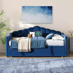 Lit de repos capitonné pour lit jumeau avec lit gigogne escamotable à hauteur réglable, canapé-lit extensible avec port de charge et poches latérales pour chambre à coucher, bleu